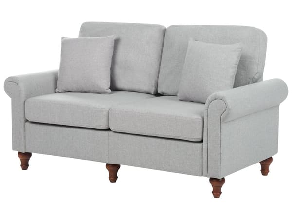 2-seters sofa Lysegrått stofftrekk Rulleformede armer Treramme Kasteputer Moderne stue
