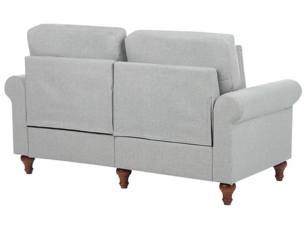 2-seters sofa Lysegrått stofftrekk Rulleformede armer Treramme Kasteputer Moderne stue