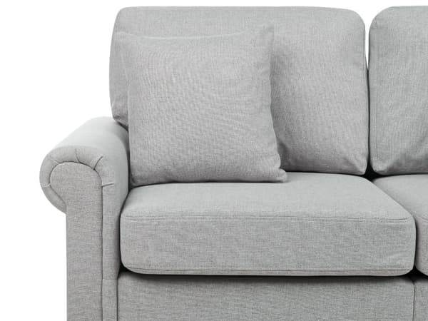 2-seters sofa Lysegrått stofftrekk Rulleformede armer Treramme Kasteputer Moderne stue