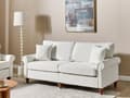 Miniatyrbilde 2 av 11: 3-seters sofa Hvit stoffkledning Rulleformede armer Treramme Kasteputer Moderne stue