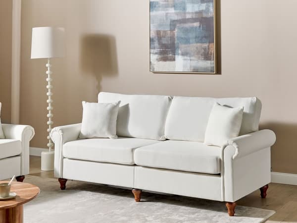 3-seters sofa Hvit stoffkledning Rulleformede armer Treramme Kasteputer Moderne stue