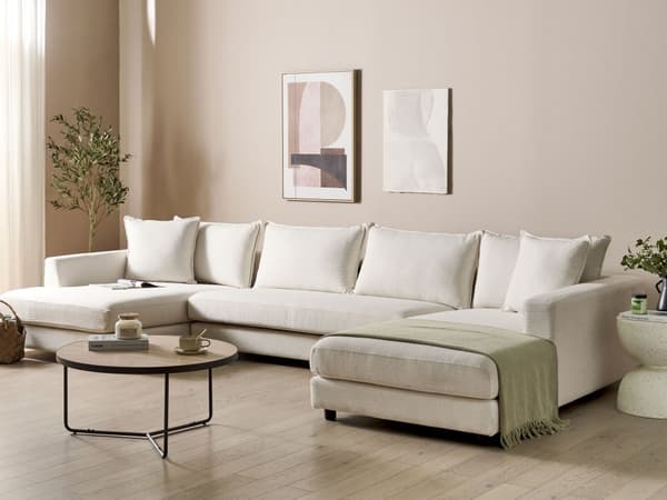 Hjørnesofa Lysbeige polyestertrekk Moderne U-formet 5-seter med ottomaner Ekstra puter Polstret ryggstøtte