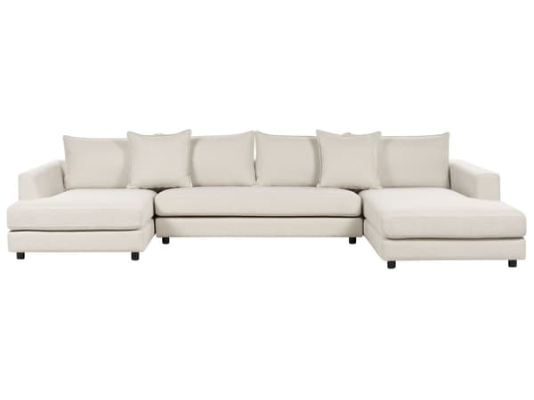Hjørnesofa Lysbeige polyestertrekk Moderne U-formet 5-seter med ottomaner Ekstra puter Polstret ryggstøtte