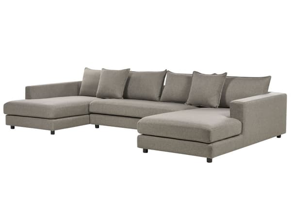 Hjørnesofa med taupefarget polyestertrekk Moderne U-formet 5-seter med puffer Ekstra puter Polstret ryggstøtte