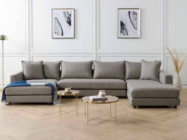 Hjørnesofa med taupefarget polyestertrekk Moderne U-formet 5-seter med puffer Ekstra puter Polstret ryggstøtte