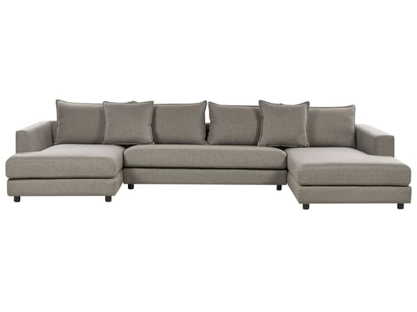Hjørnesofa med taupefarget polyestertrekk Moderne U-formet 5-seter med puffer Ekstra puter Polstret ryggstøtte