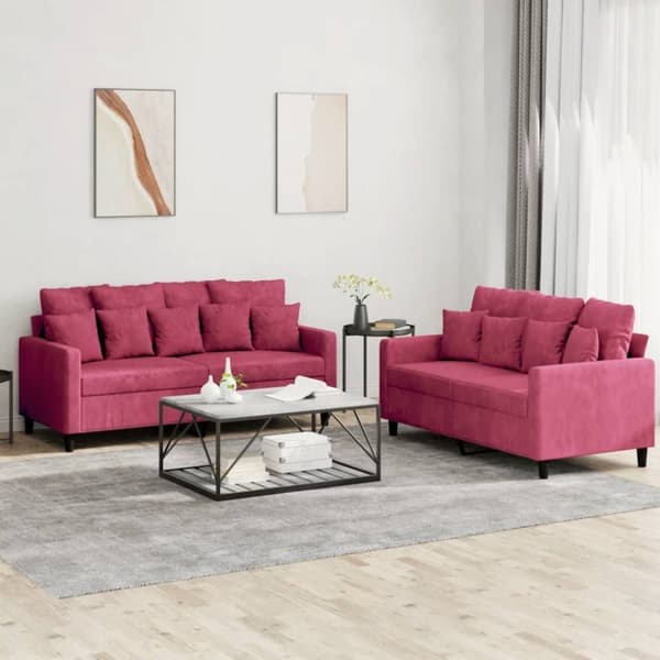 vidaXL sofasæt 2 dele med hynder velour vinrød