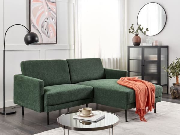 Hörnsoffa Vänstervänd Polyester Mörkgrön 192 x 155 Soffa 2-sits Stoppad Metallben Vävt Tyg Ryggstöd Minimalistisk Modern Vardagsrum