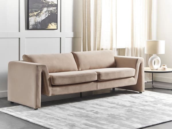 Soffa 3-sitsig Beige Sammet Klädd Accent Armstöd Vadderat Ryggstöd Vardagsrum