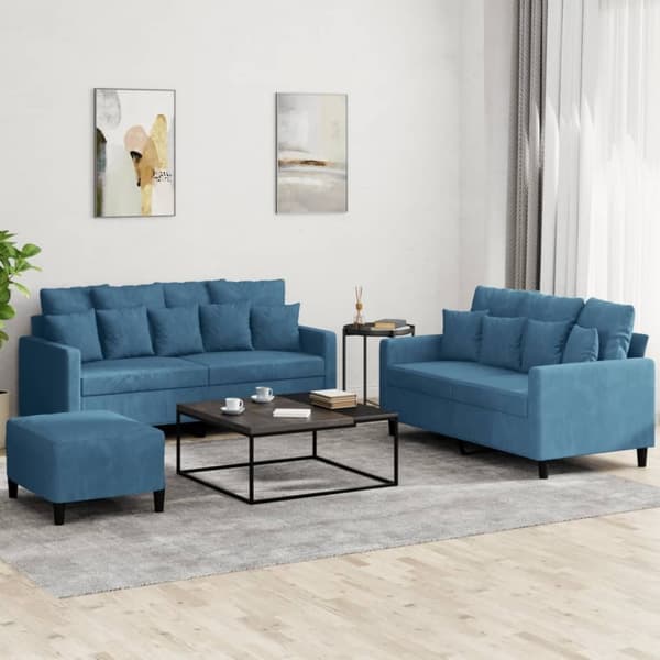 vidaXL sofasæt 3 dele med hynder velour blå