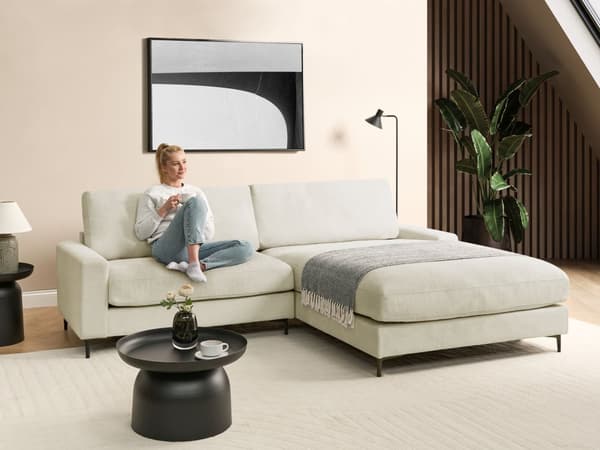 Hörnsoffa Vänster Benvit Chenille Polyester Metall Svarta ben Stoppat Ryggstöd 3-sits L-formad Modern Stil Vardagsrum