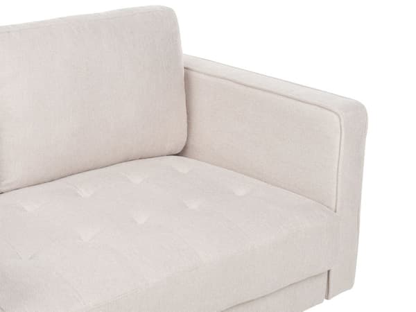 Sohva beige kangas verhoilu kolmelle koristetyynyillä klassinen retro tyyli