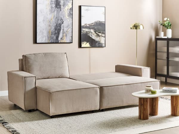 Kulmasohva beige kahdelle vakosamettiverhoilu oikea koristetyynyt vuodesohva moderni