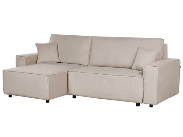 Kulmasohva beige kahdelle vakosamettiverhoilu oikea koristetyynyt vuodesohva moderni