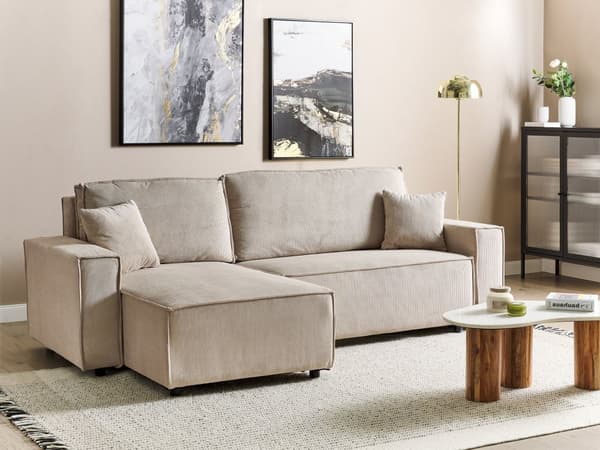 Kulmasohva beige kahdelle vakosamettiverhoilu oikea koristetyynyt vuodesohva moderni
