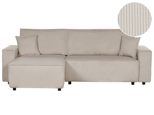 Kulmasohva beige kahdelle vakosamettiverhoilu oikea koristetyynyt vuodesohva moderni