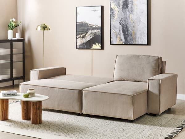 Kulmasohva beige kahdelle vakosamettiverhoilu vasen koristetyynyt vuodesohva moderni