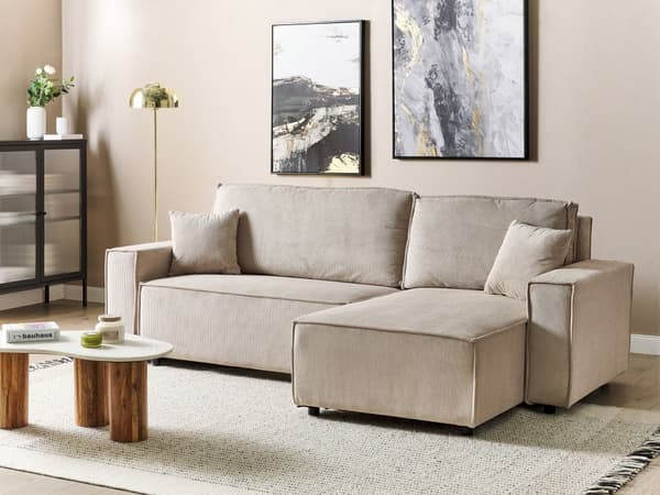 Kulmasohva beige kahdelle vakosamettiverhoilu vasen koristetyynyt vuodesohva moderni