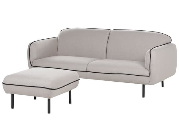 Sohva vaaleanharmaa kangas verhoiltu metallijalat kolmelle rahilla kaareva retro glamour tyyli