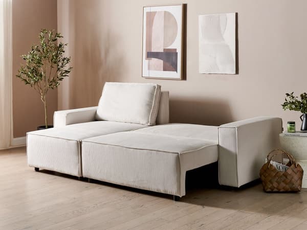 Høyre Hjørnesofa Off-white Stoffsnor med Sovesofa med Uttrekkbar Polstret Rygg med Sovefunksjon