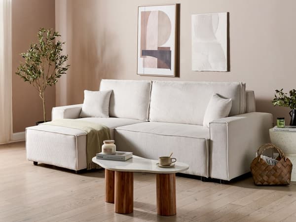 Høyre Hjørnesofa Off-white Stoffsnor med Sovesofa med Uttrekkbar Polstret Rygg med Sovefunksjon