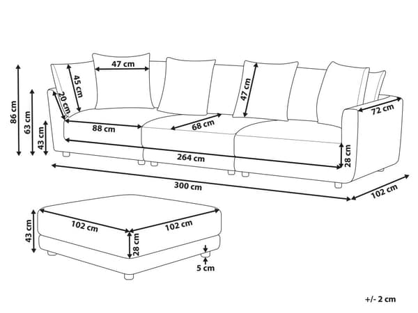 3-seters sofa i off-white polyesterstoff Sofa med ottomansk fotskammel og ekstra puter