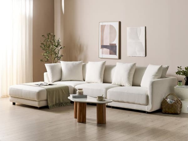 3-seters sofa i off-white polyesterstoff Sofa med ottomansk fotskammel og ekstra puter