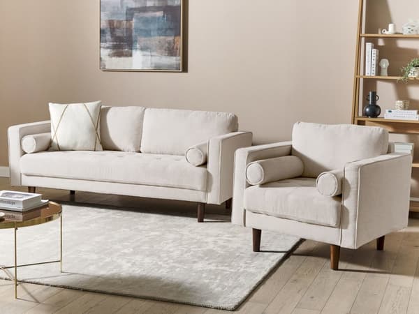 Sovesett beige stoffkledd 3-seter med lenestol med tykk polstret ryggstøtte Klassisk retrodesign Stue