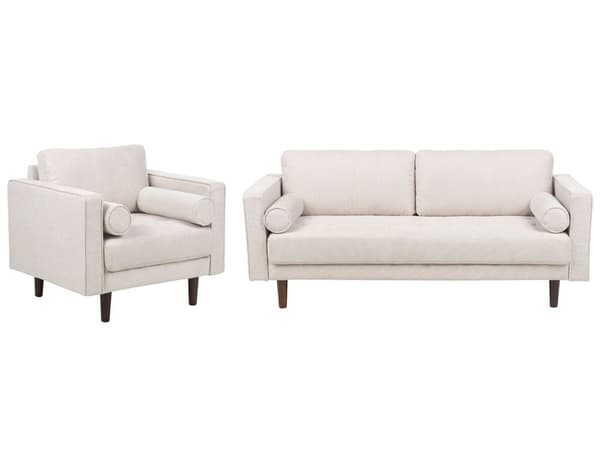 Sovesett beige stoffkledd 3-seter med lenestol med tykk polstret ryggstøtte Klassisk retrodesign Stue