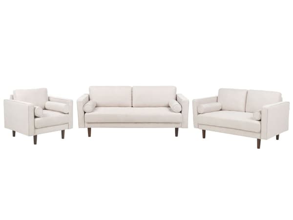 Sofasett i Beige-stoff med polstret 2+3-seter og lenestol med tykt polstret ryggpute Klassisk retrodesign Stue