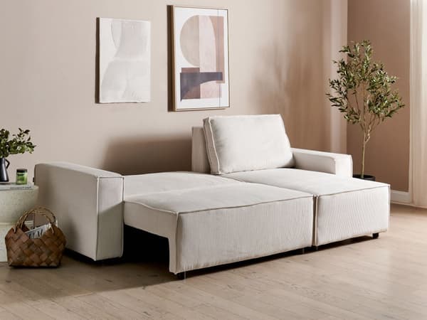 Venstre Hjørnesofa Off-white Stoffsnor med Sovesofa med Uttrekkbar Polstret Rygg med Sovefunksjon