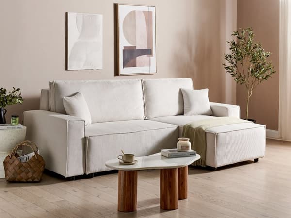 Venstre Hjørnesofa Off-white Stoffsnor med Sovesofa med Uttrekkbar Polstret Rygg med Sovefunksjon