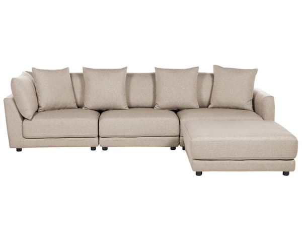 3-sits soffa Beige polyestertyg med klädsel Soffa med ottoman Fotpall Extra kuddar