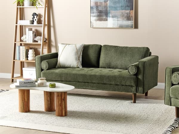 Soffa 3-sitsig Grön Klädd Stoppad Kraftigt Vadderad Ryggstöd Klassisk Retro Design Vardagsrum