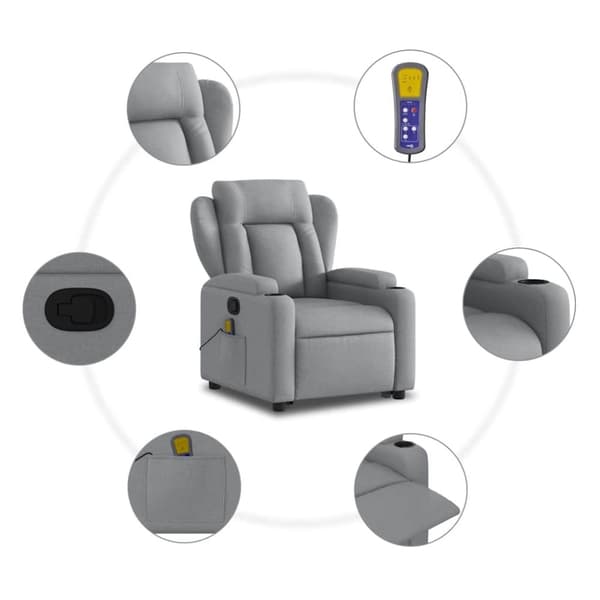 vidaXL Massagefåtölj med uppresningshjälp ljusgrå tyg