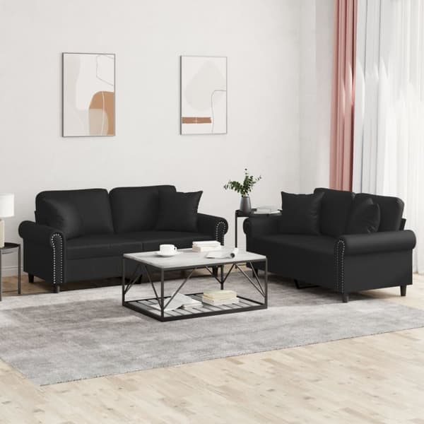 vidaXL Soffgrupp med kuddar 2 delar svart konstläder