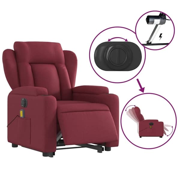 vidaXL Elektrisk massagefåtölj med uppresningshjälp vinröd tyg