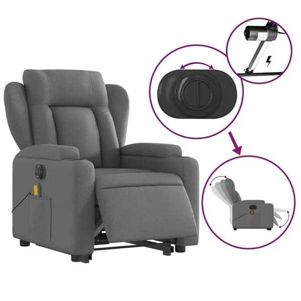 vidaXL Elektrisk massagefåtölj med uppresningshjälp mörkgrå tyg