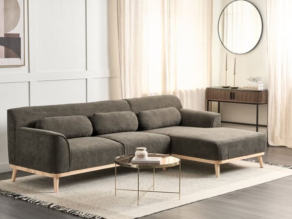 Hjørnesofa Grøn Fløjl Træben 3 Personers Sofa med Chaiselong Moderne Stue Indretning L Formet