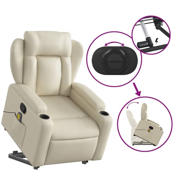 vidaXL Massagefåtölj med uppresningshjälp gräddvit konstläder