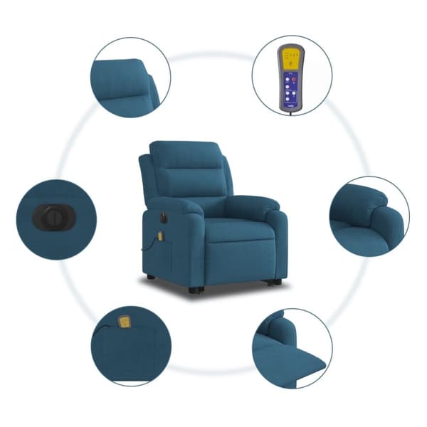 vidaXL Elektrisk massagefåtölj med uppresningshjälp blå sammet