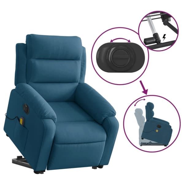 vidaXL Elektrisk massagefåtölj med uppresningshjälp blå sammet