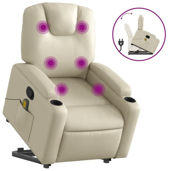 vidaXL Massagefåtölj med uppresningshjälp gräddvit konstläder