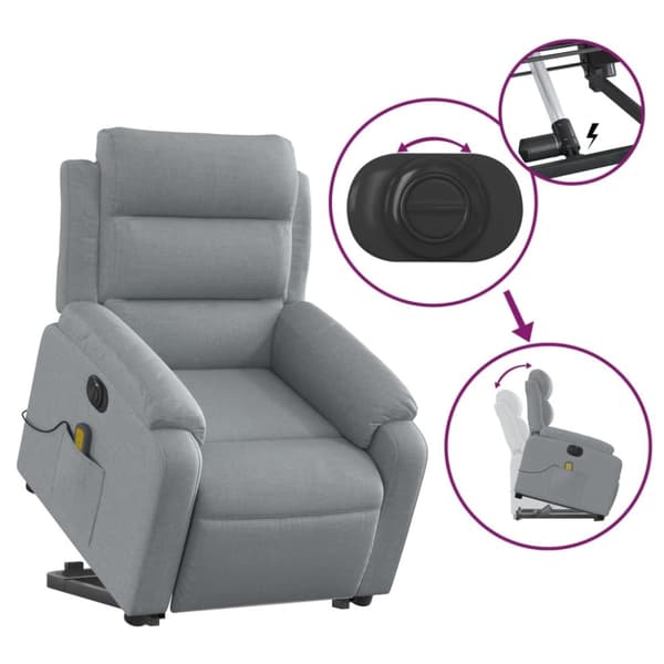 vidaXL Elektrisk massagefåtölj med uppresningshjälp ljusgrå tyg