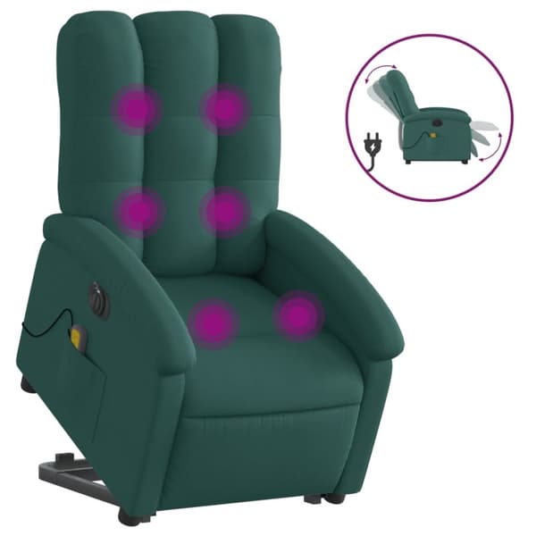 vidaXL Elektrisk massagefåtölj med uppresningshjälp mörkgrön tyg