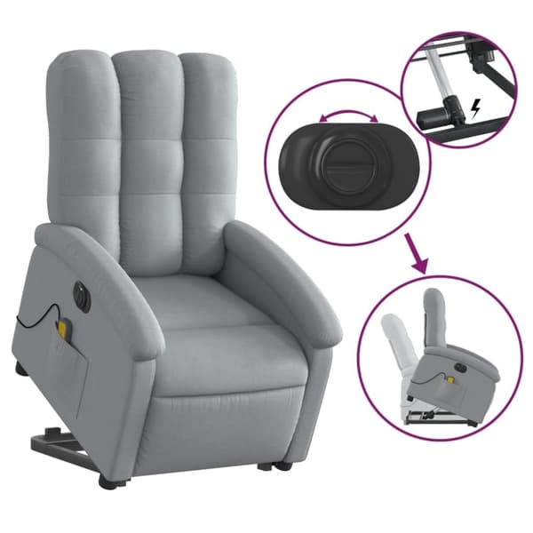 vidaXL Elektrisk massagefåtölj med uppresningshjälp ljusgrå tyg