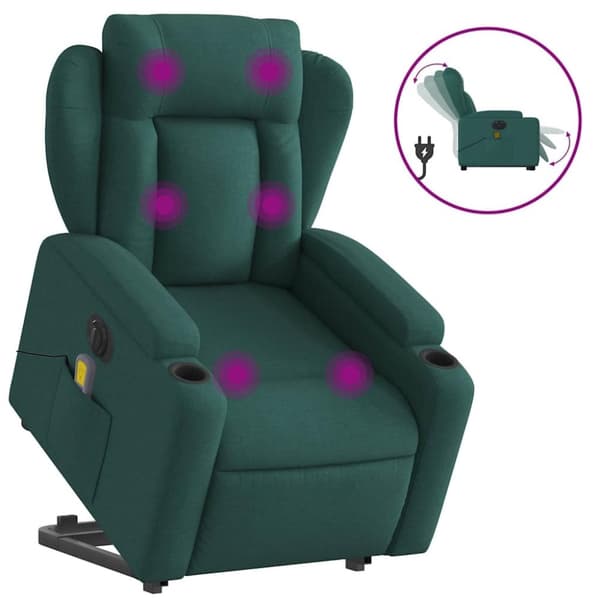 vidaXL Elektrisk massagefåtölj med uppresningshjälp mörkgrön tyg
