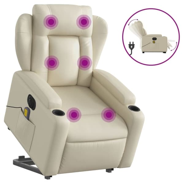 vidaXL Massagefåtölj med uppresningshjälp gräddvit konstläder