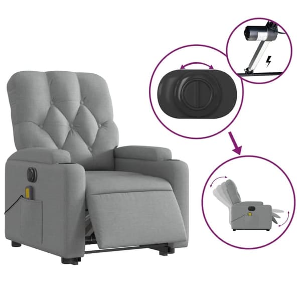 vidaXL Elektrisk massagefåtölj med uppresningshjälp ljusgrå tyg