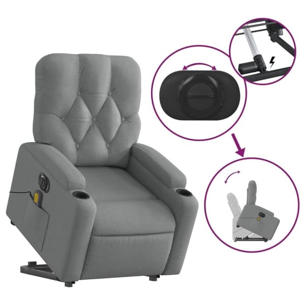 vidaXL Elektrisk massagefåtölj med uppresningshjälp ljusgrå tyg